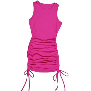 Coquette Ribbed Mini Dress, Cinched Sides, Tie at Bottom Round Neck Pink Sz S